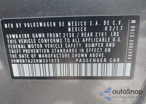 2017 Volkswagen Jetta 1.4T Se z USA, uszkodzony, nr VIN 3VWDB7AJ3HM331673